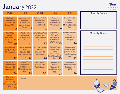 January 2022 calendar with activities listed each day. 
