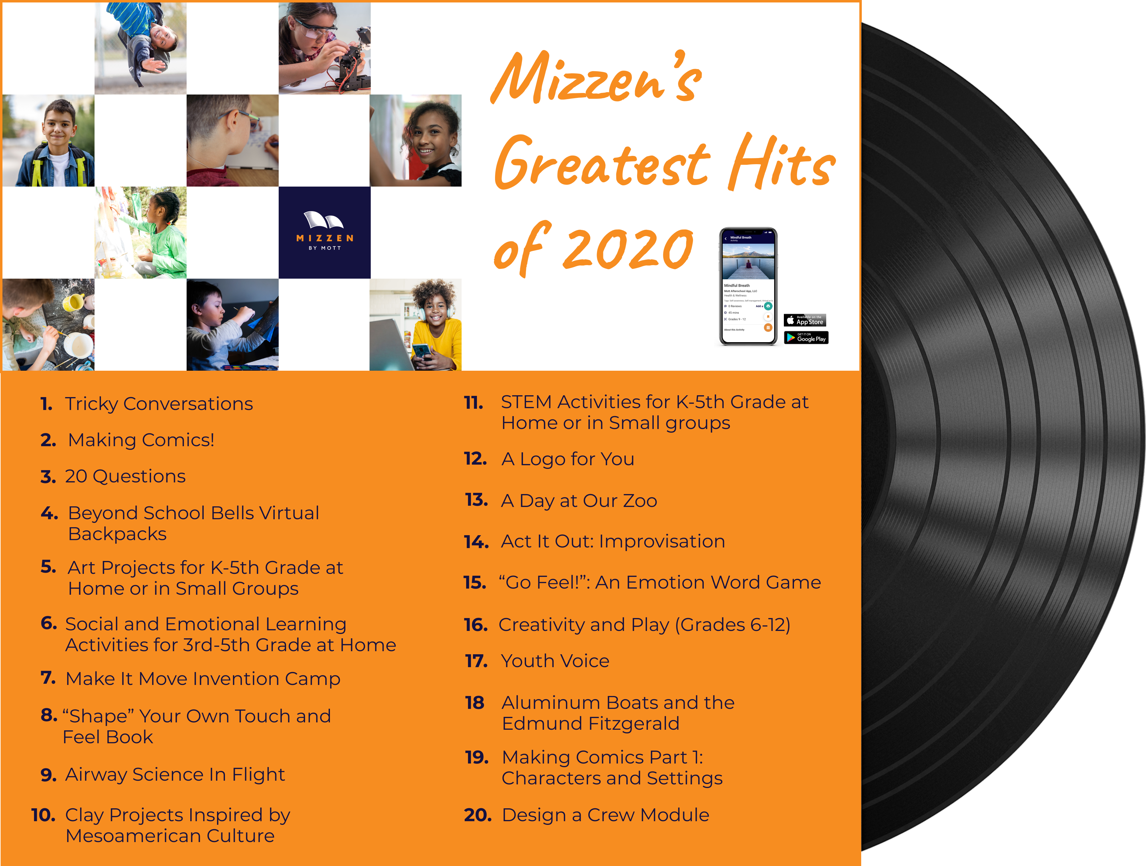 Greatest Hits Album Cover with 20 activities listed for afterschool programs from the Mizzen app