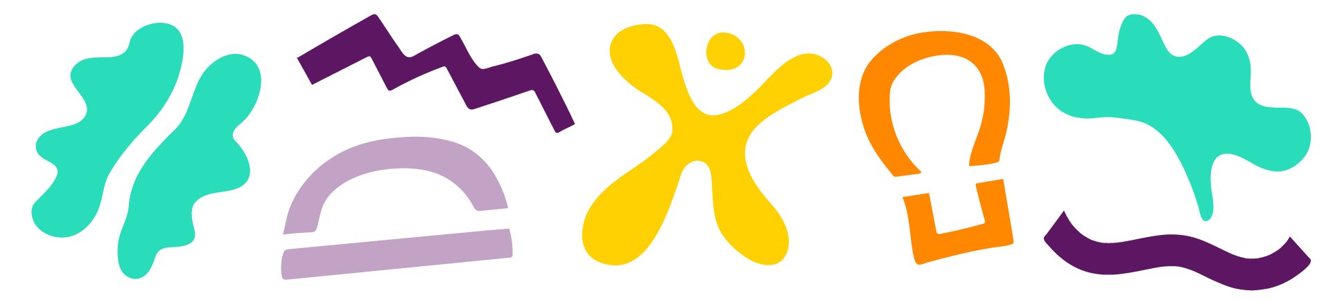 Free-form shapes (resembling a brain, lightbulb, bridge, person) in the colors of Mizzen Education’s brand (purple, orange, yellow, and turquoise).